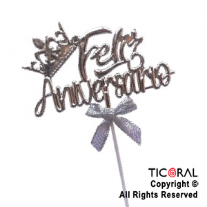 CAKE TOPPER FELIZ ANIVERSARIO CORONA PLATA X 1